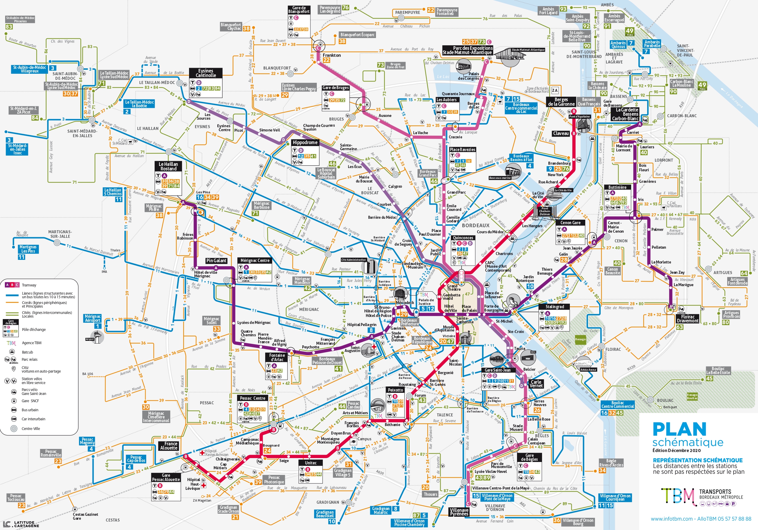 Plano de líneas de tranvía y autobús en Burdeos