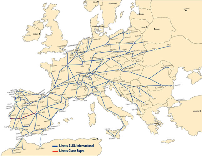 Alsa: plan du réseau de bus Alsa en Europe
