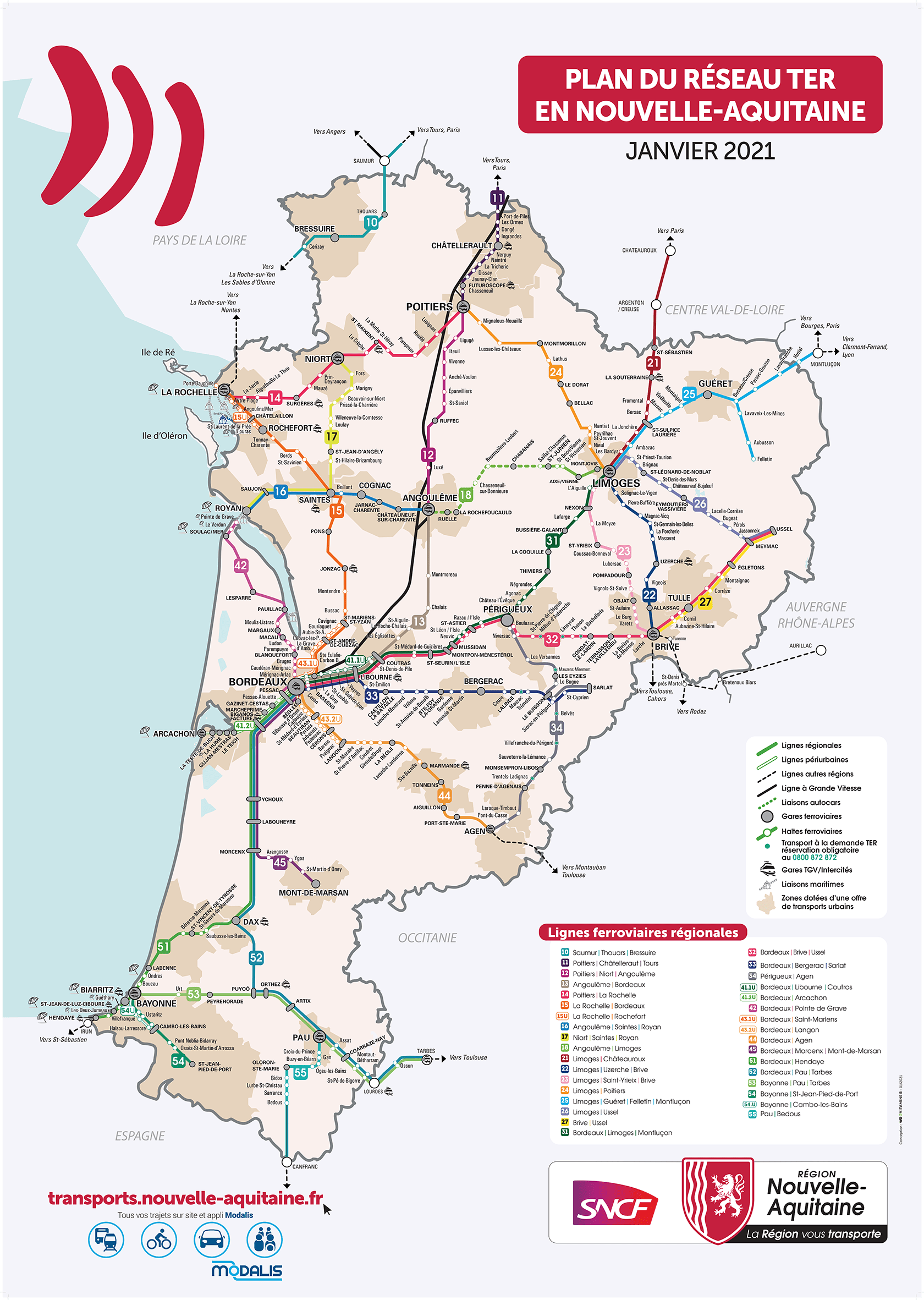 Plano de la red de Trenes TER en Nouvelle Aquitaine